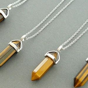Tigers Eye & silver crystal double pointed stone necklace NWT